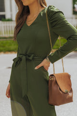 Belted Long Puff Sleeve V-Neck Jumpsuit - Shah S. Sahota