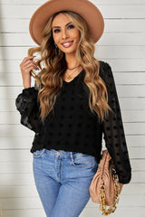 Swiss Dot Balloon Sleeve V-Neck Blouse - Shah S. Sahota