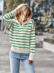 Striped Ribbed Trim Collared Knit Sweater - Shah S. Sahota