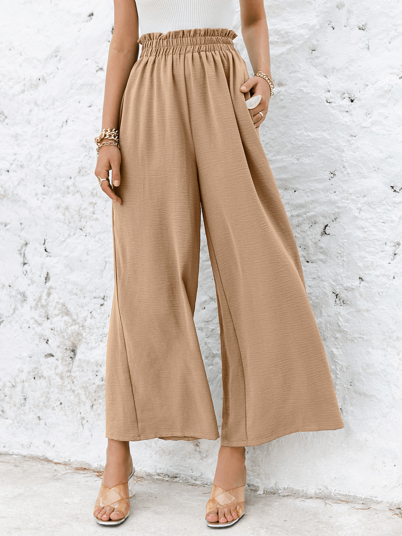 Frill Elastic Waist Wide Leg Pants Without Belt - Shah S. Sahota