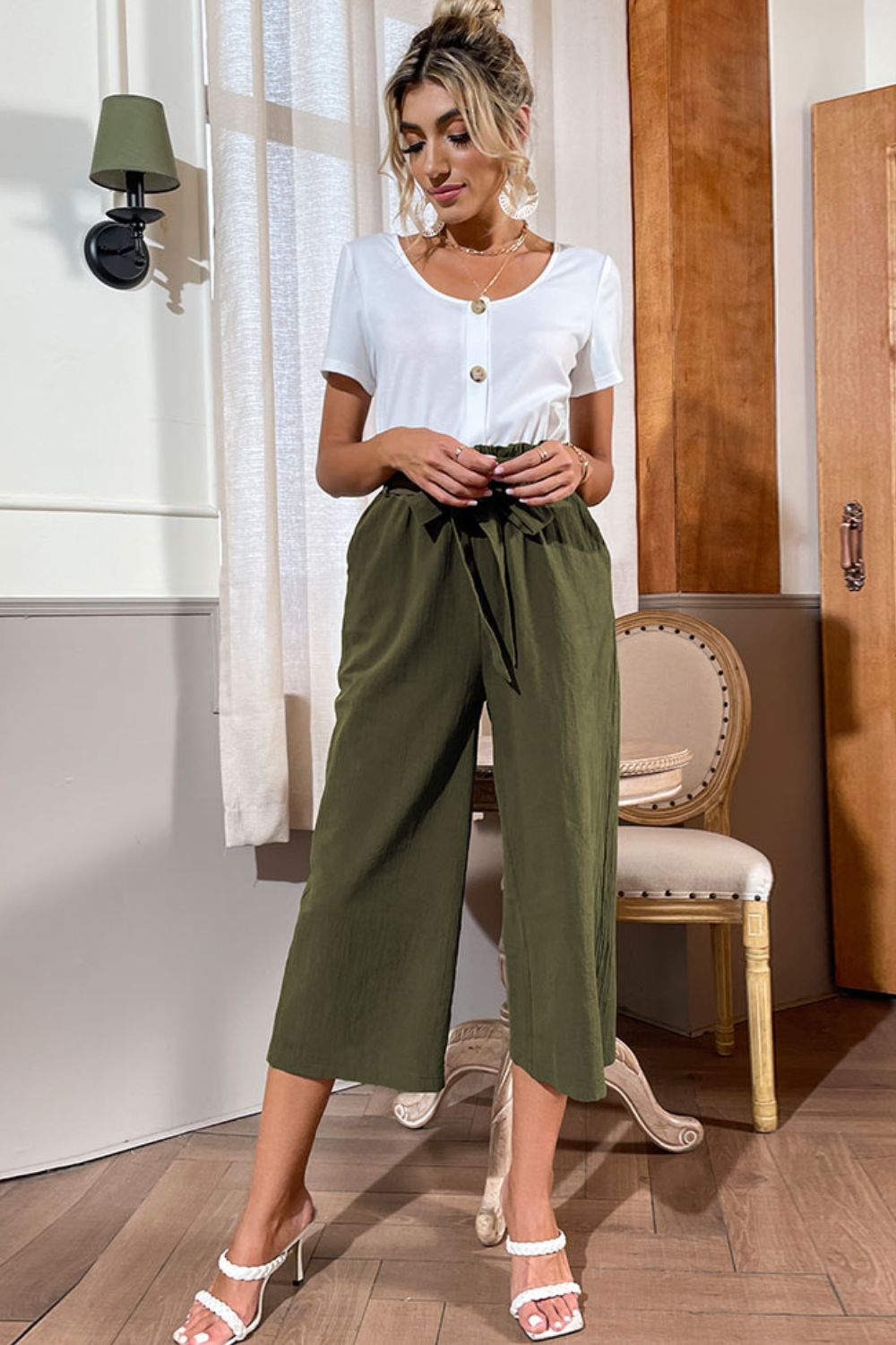 Round Neck Short Sleeve Top and Belted Pants Set - Shah S. Sahota