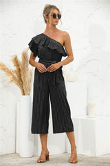 Asymmetric Neck Ruffle Trim Striped Jumpsuit - Shah S. Sahota