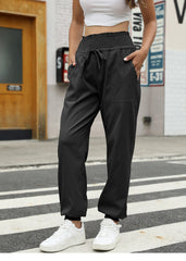 Casual Shirred Elastic High Waist Tie With Pocket Pants