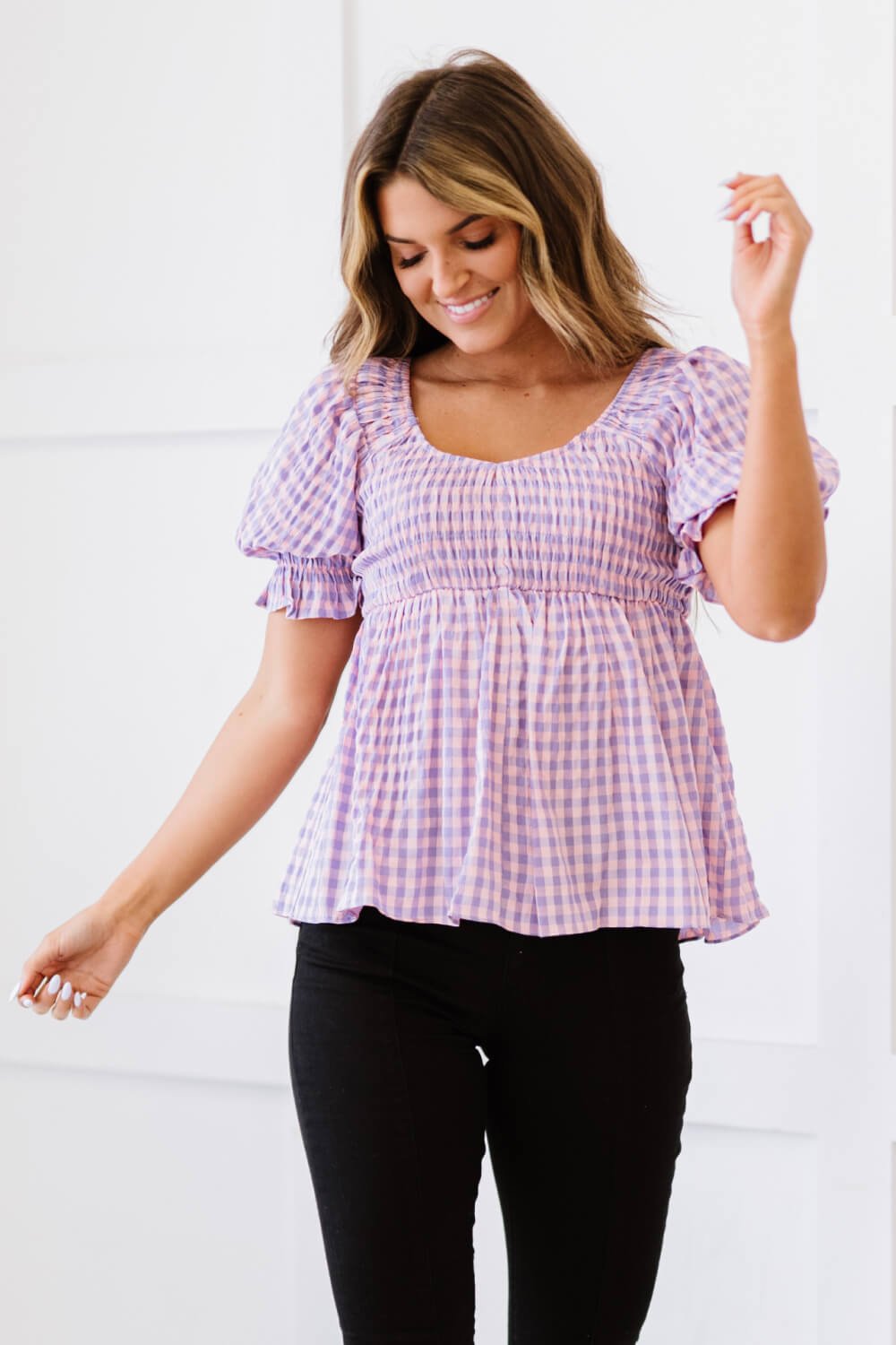 Davi & Dani Youthful Days Full Size Run Gingham Smocked Babydoll Top - Shah S. Sahota