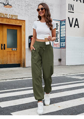 Casual Shirred Elastic High Waist Tie With Pocket Pants