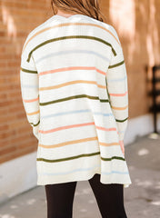 Striped Rib-Knit Open Front Pocketed Cardigan - Shah S. Sahota