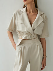 Belted Detail Cropped Blazer and Pants Set - Shah S. Sahota