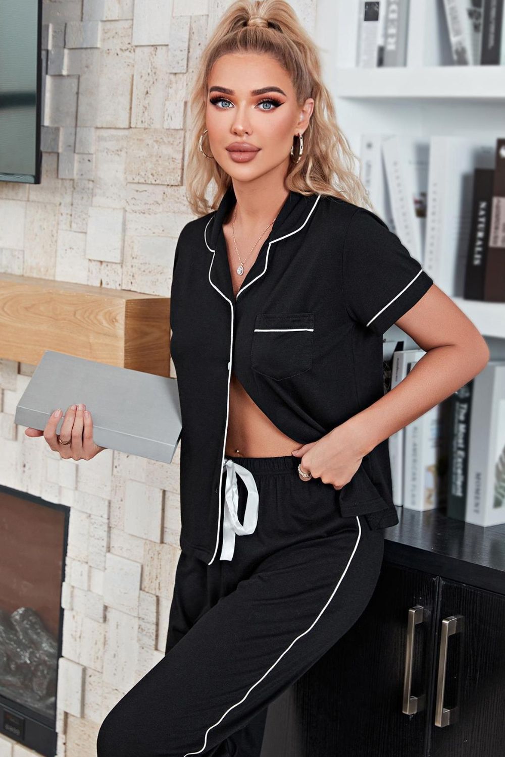 Contrast Piping Short Sleeve Top and Pants Pajama Set - Shah S. Sahota