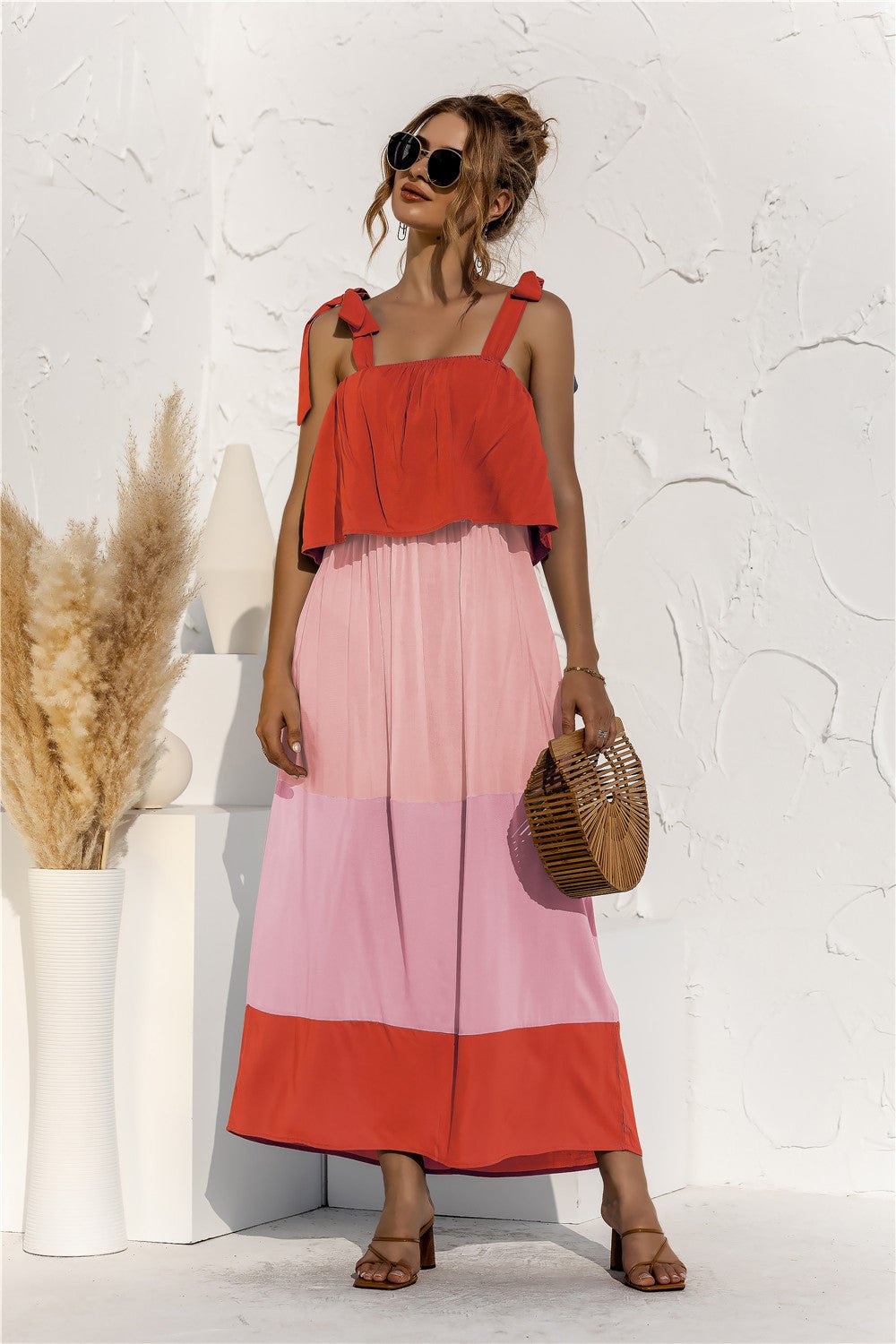 Color Block Tie Shoulder Tiered Sleeveless Dress - Shah S. Sahota