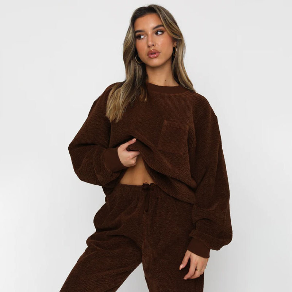 Corduroy Crew Neck Pullover Long Sleeve Sweatshirts & TiePants Two-Piece Sets - Shah S. Sahota