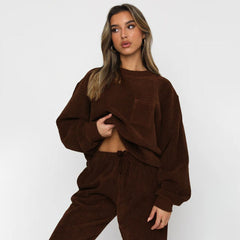 Corduroy Crew Neck Pullover Long Sleeve Sweatshirts & TiePants Two-Piece Sets - Shah S. Sahota
