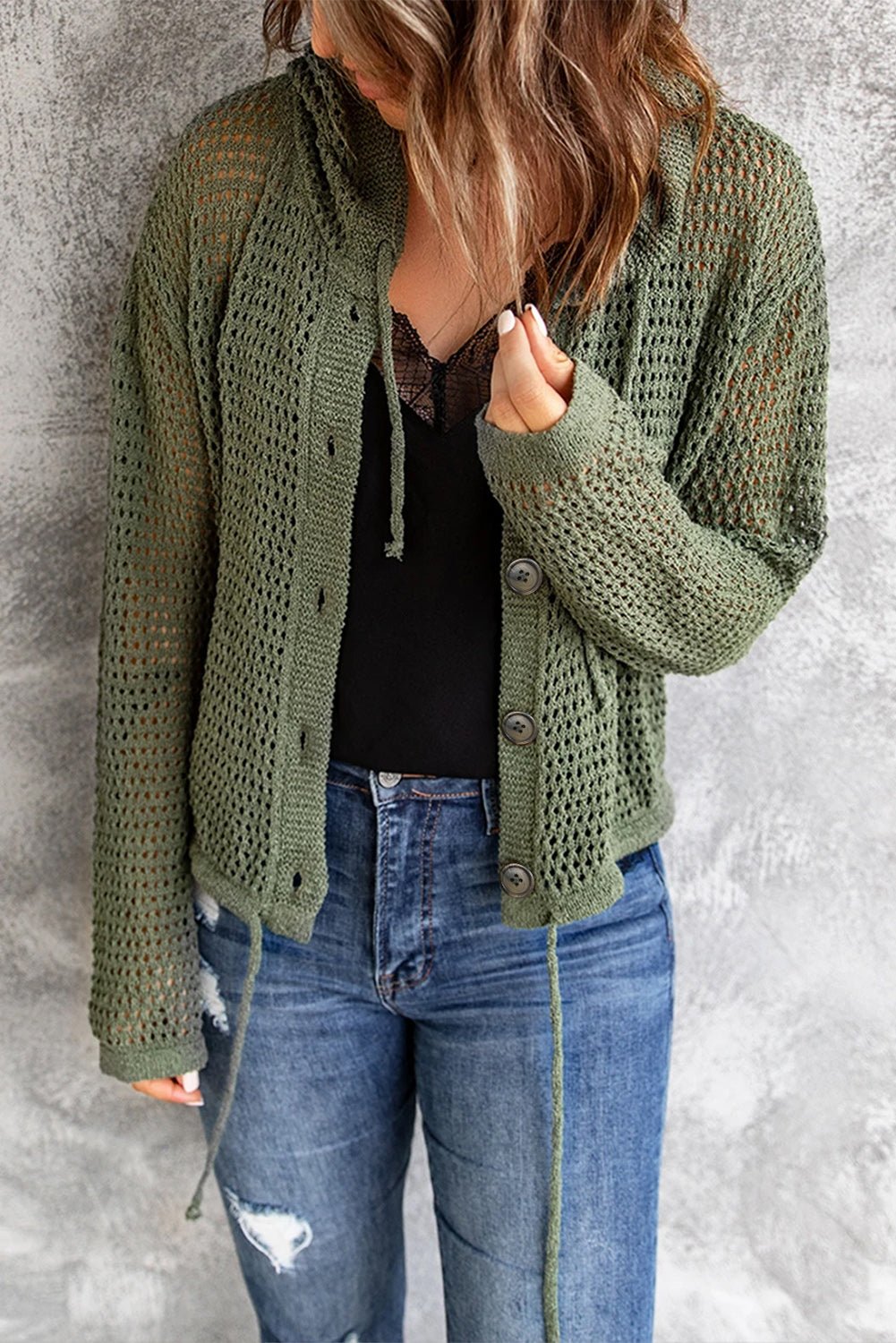 Button-Up Drawstring Detail Openwork Hooded Cardigan - Shah S. Sahota