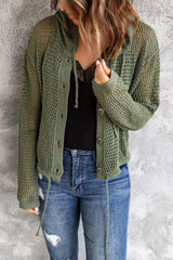 Button-Up Drawstring Detail Openwork Hooded Cardigan - Shah S. Sahota