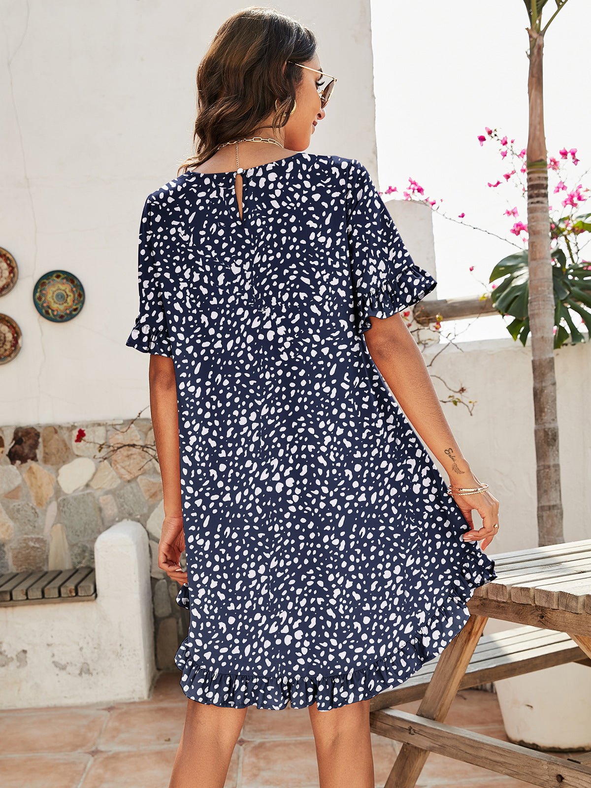 Printed Flounce Sleeve Ruffle Hem Dress - Shah S. Sahota