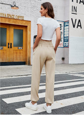 Casual Shirred Elastic High Waist Tie With Pocket Pants