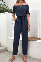 Off-Shoulder Tie Cuff Jumpsuit with Pockets - Shah S. Sahota