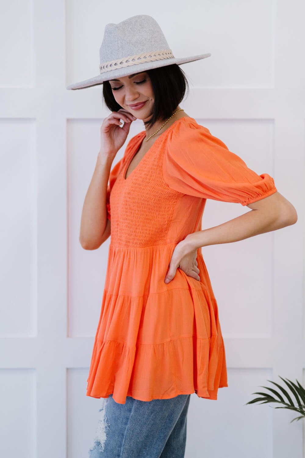 Davi & Dani One-Way Ticket Full Size Run Smocked Tiered Babydoll Blouse - Shah S. Sahota