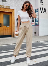 Casual Shirred Elastic High Waist Tie With Pocket Pants