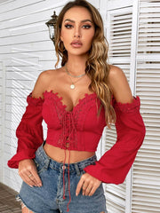 Spliced Lace Tie Front Balloon Sleeve Top - Shah S. Sahota