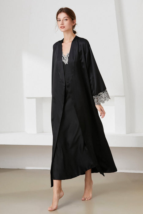 Contrast Lace Trim Satin Night Dress and Robe Set - Shah S. Sahota