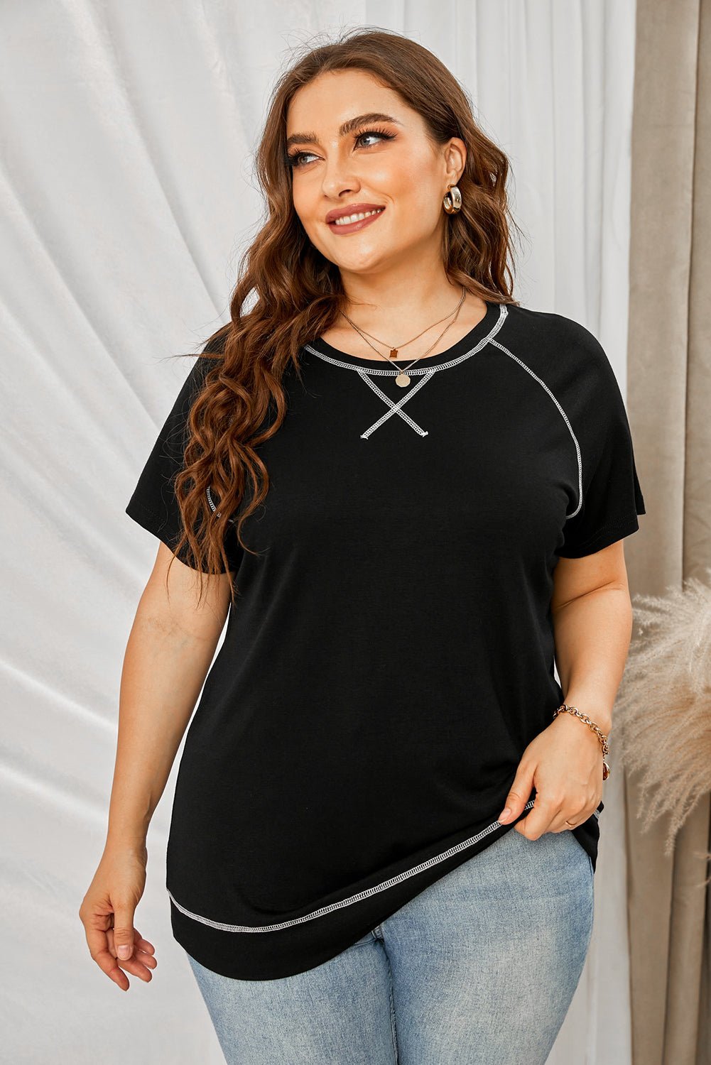 Plus Size Contrast Stitching Crewneck Tee - Shah S. Sahota