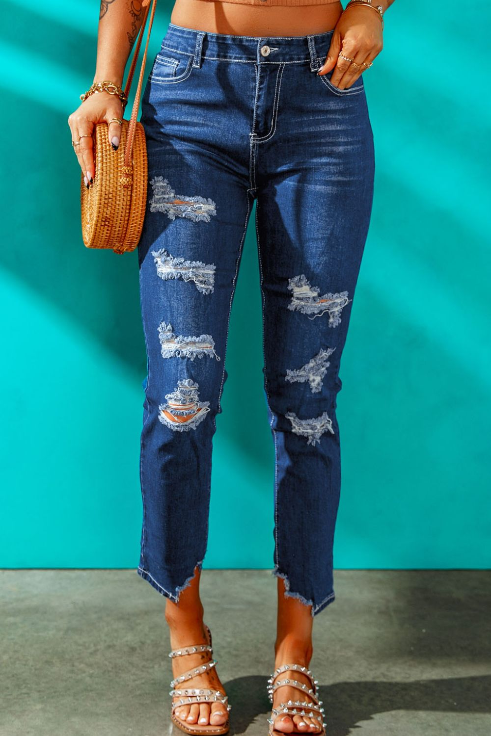 High-Rise Distressed Hem Detail Jeans - Shah S. Sahota