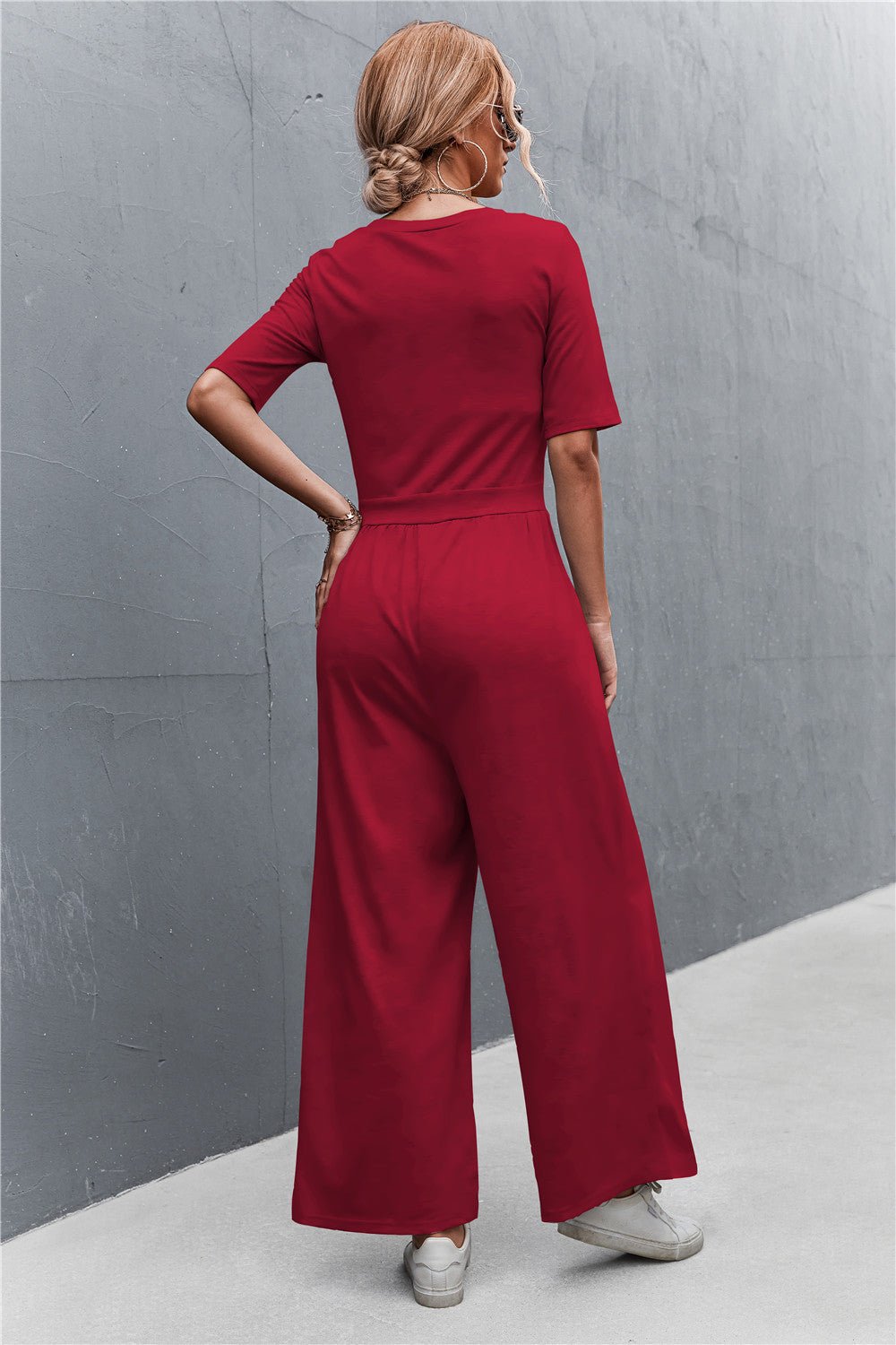 Scoop Neck Half Sleeve Wide Leg Jumpsuit - Shah S. Sahota