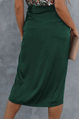 Green Satin Wrap Midi Skirt With Split - Shah S. Sahota