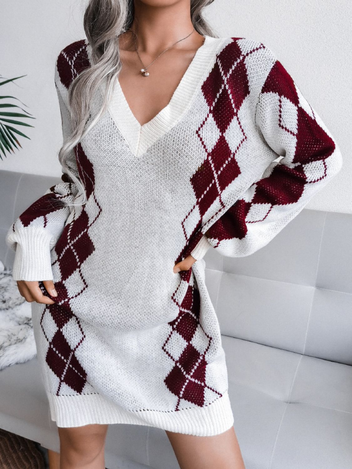 Argyle V-Neck Ribbed Trim Sweater Dress - Shah S. Sahota