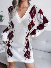 Argyle V-Neck Ribbed Trim Sweater Dress - Shah S. Sahota