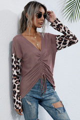 Leopard Drawstring Ruched Deep V Top - Shah S. Sahota