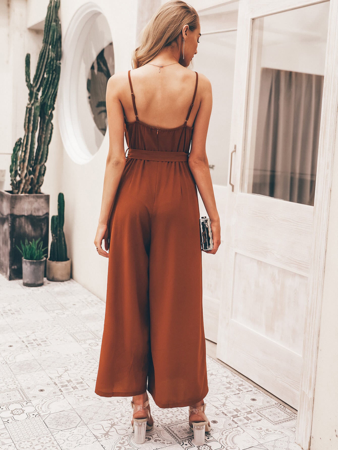 Spaghetti Strap Tie-Waist Split Jumpsuit - Shah S. Sahota