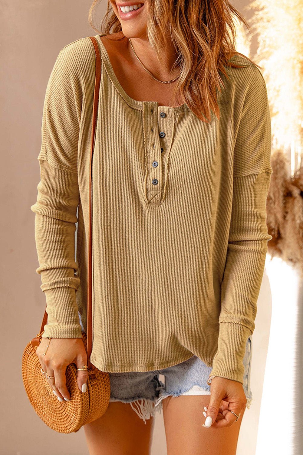 Half Button Waffle Knit Long Sleeve Top - Shah S. Sahota