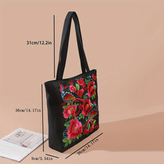 Flower & Bird Embroidered Tote Bag, Large Capacity Shoulder Bag, Stylish Handbag - Shah S. Sahota