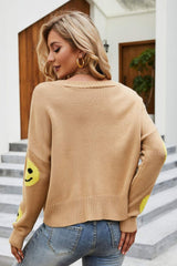 Smiley Face Ribbed Trim V-Neck Cardigan - Shah S. Sahota