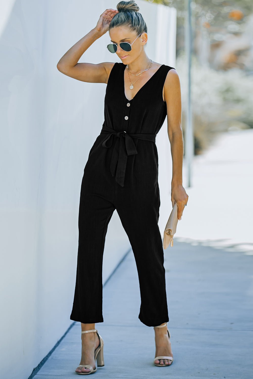 V-Neck Tie Waist Sleeveless Jumpsuit - Shah S. Sahota