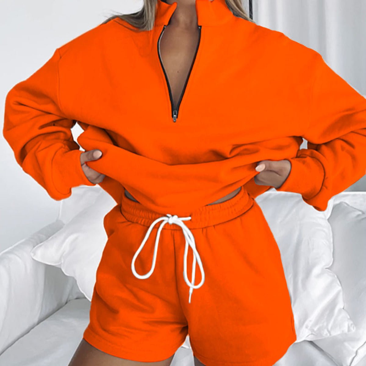 Stand-Up Collar Zipper Pullover Long-Sleeved Sweatshirts & Tie Shorts Lounge Sets - Shah S. Sahota
