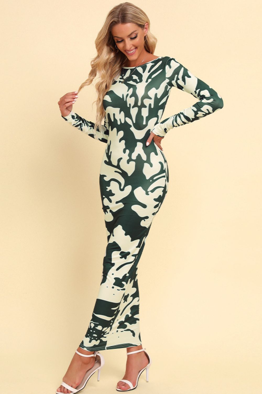 Printed Backless Long Sleeve Maxi Dress - Shah S. Sahota