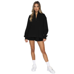 Stand-Up Collar Zipper Pullover Long-Sleeved Sweatshirts & Tie Shorts Lounge Sets - Shah S. Sahota