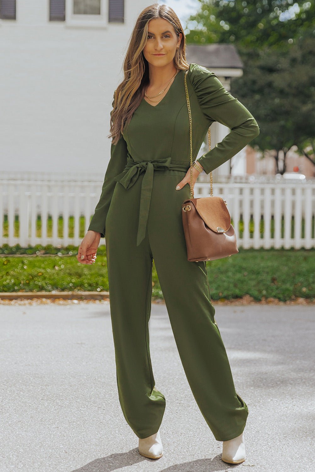 Belted Long Puff Sleeve V-Neck Jumpsuit - Shah S. Sahota