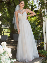 A-Line Wedding Dresses with Spaghetti Straps and Deep V-Neck - Shah S. Sahota