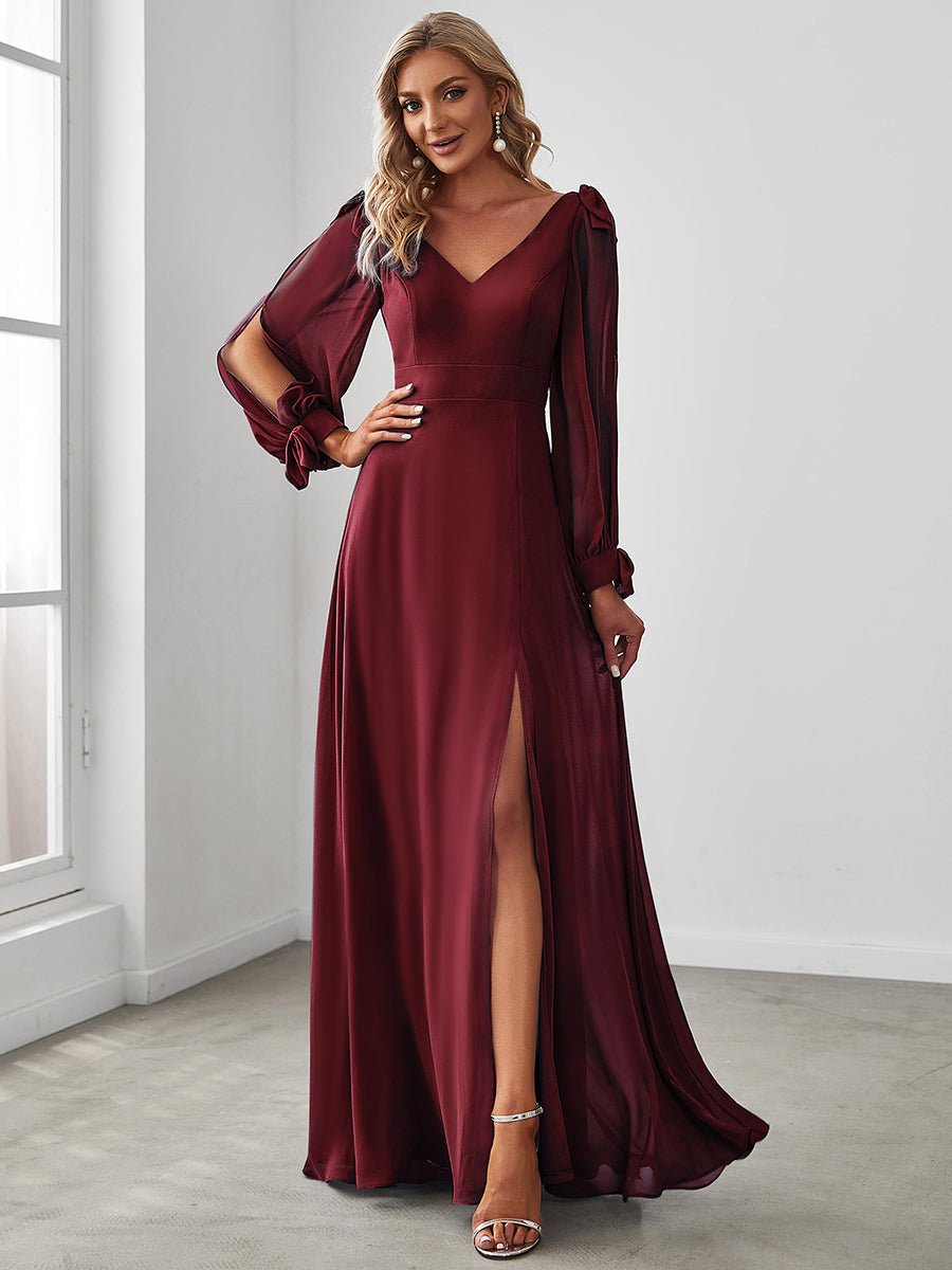 Long Lantern Sleeves A Line V Neck Bridesmaid Dresses - Shah S. Sahota