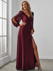 Long Lantern Sleeves A Line V Neck Bridesmaid Dresses - Shah S. Sahota