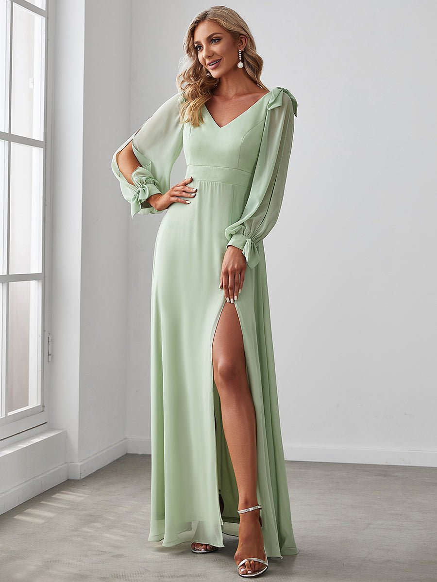 Long Lantern Sleeves A Line V Neck Bridesmaid Dresses - Shah S. Sahota