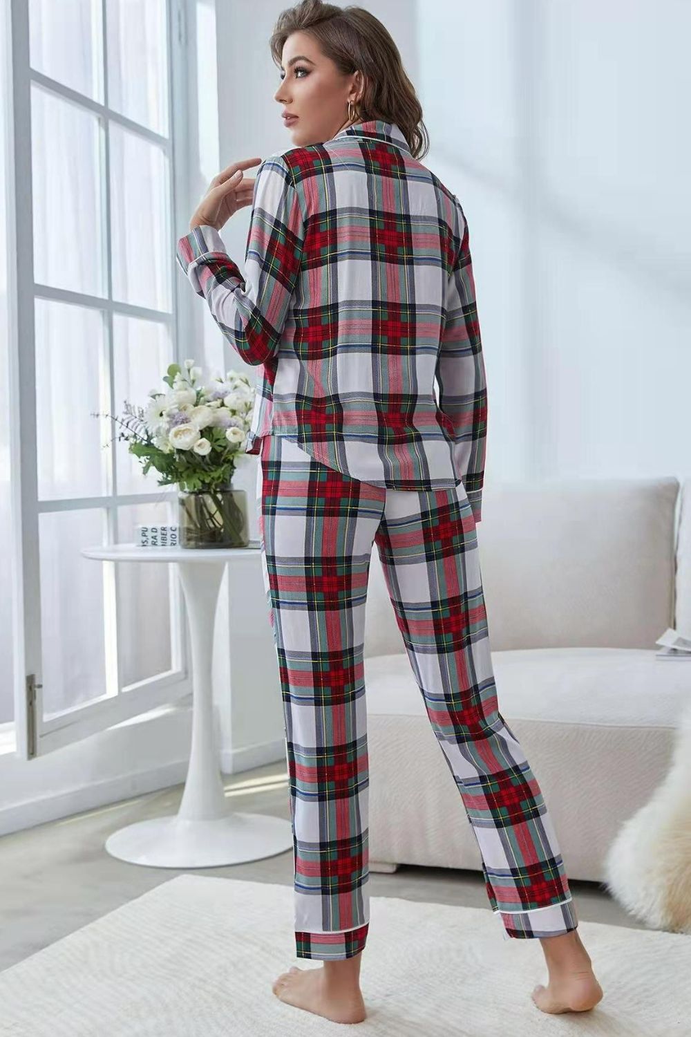 Plaid Button Front Top and Pants Lounge Set - Shah S. Sahota