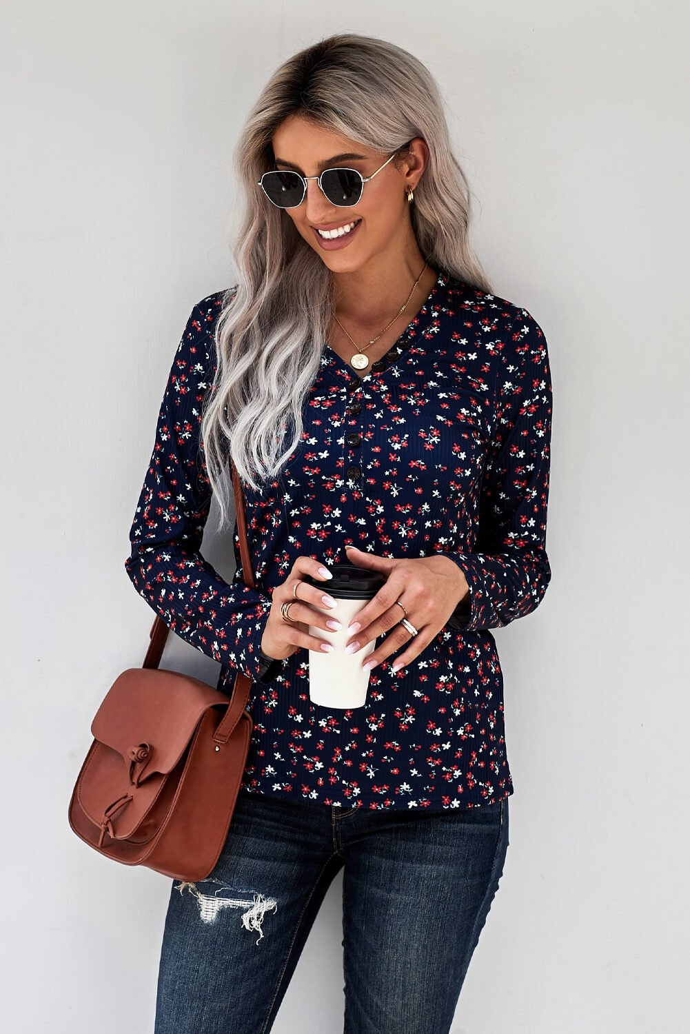 Button V-Neck Floral Top - Shah S. Sahota
