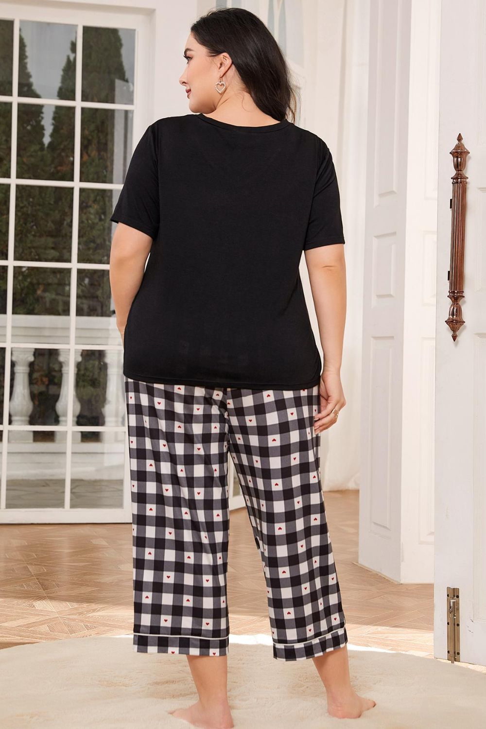 V-Neck Tee and Plaid Cropped Pants Lounge Set - Shah S. Sahota