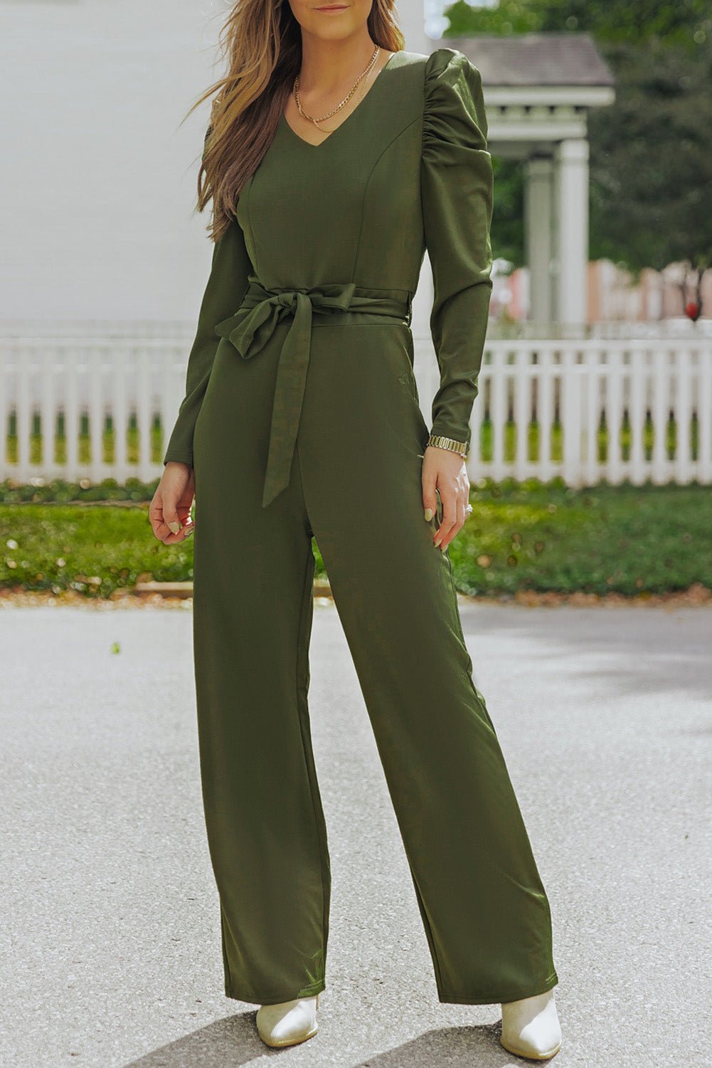 Belted Long Puff Sleeve V-Neck Jumpsuit - Shah S. Sahota