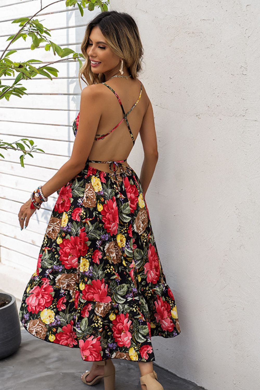 Floral Spaghetti Strap Crisscross Tied Dress - Shah S. Sahota