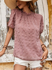 Swiss Dot Ruched Frill Trim Top - Shah S. Sahota